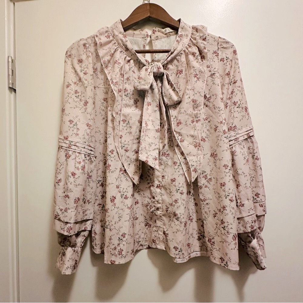 Axes Femme Floral Bow-Tie Blouse with Pearl Detail